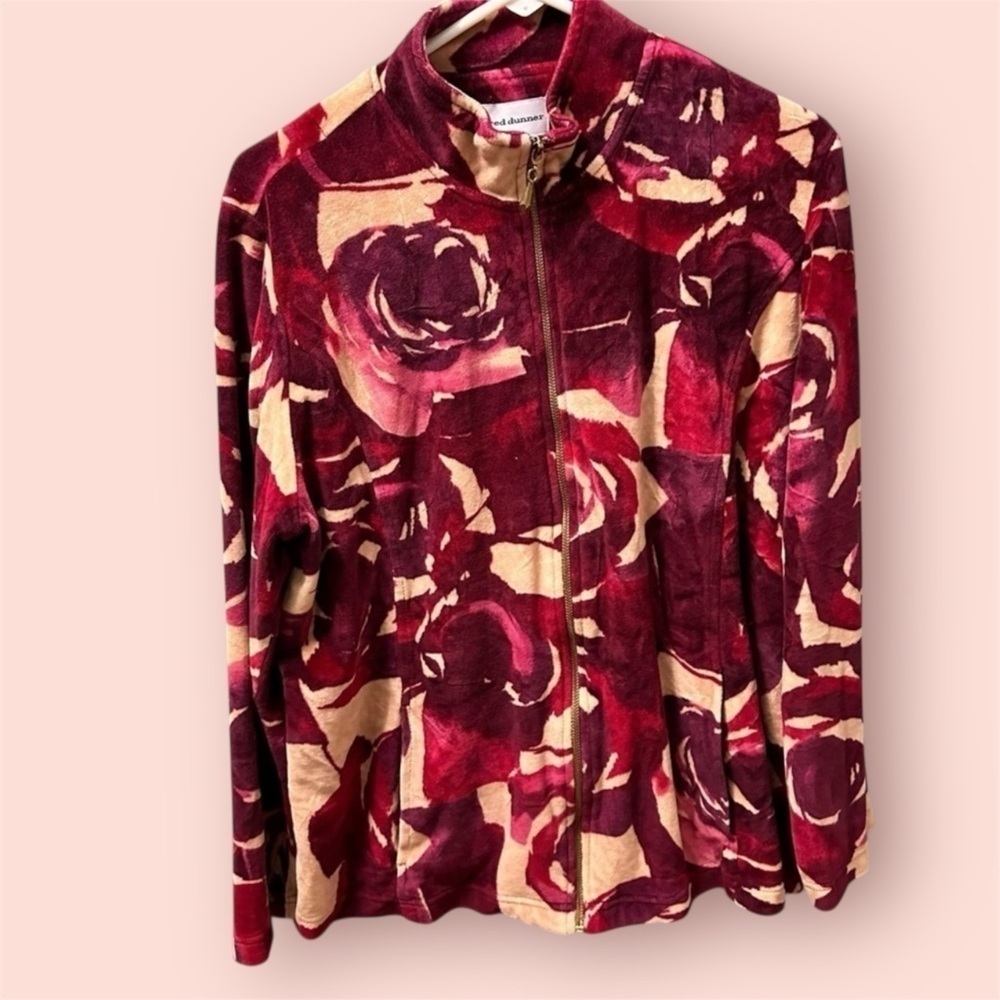 Alfred Dunner maroon beige floral velour jacket womans size 16